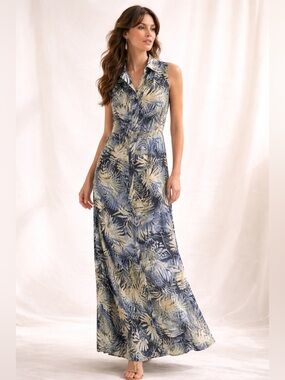 Vintage 90s Tropical Maxi shirt Dress Crinkle Textured Lace Back Size M